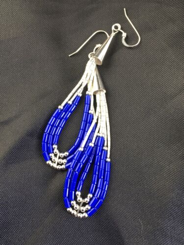 Native American Handmade Sterling Silver Heishi Dangle Earrings Set | Blue Lapis | 2" | 1961
