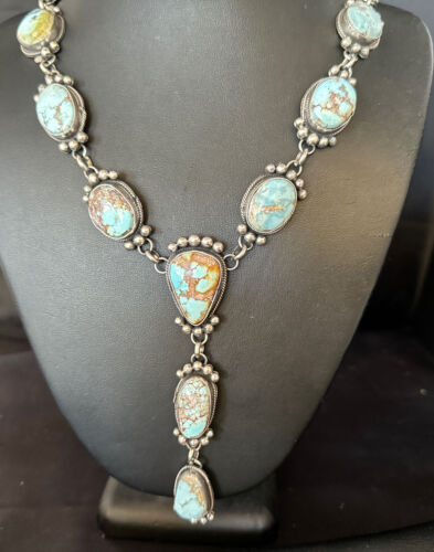 Navajo Golden Hills Turquoise Lariat Necklace | Sterling Silver | Authentic Native American Handmade | 14407