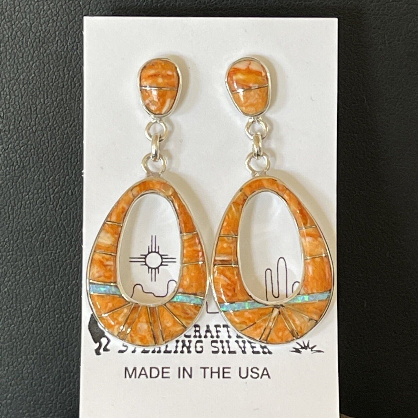 Navajo Sterling Silver Opal Orange Spiny Oyster Inlay Dangle Earrings | Authentic Native American Handmade | 1545 - Masha USA