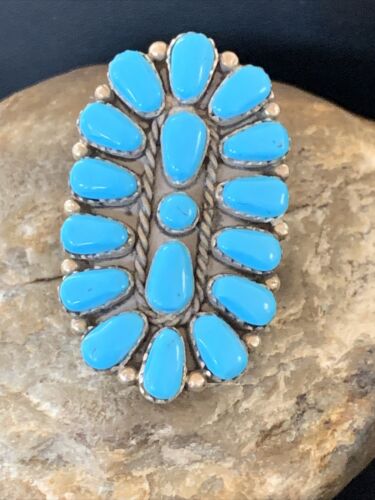 Navajo Kingman Turquoise Cluster Ring | Authentic Native American Sterling Silver | Multi-Stone | Sz 8 | 13856