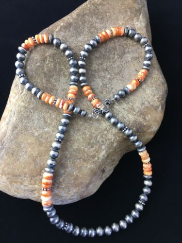 Authentic Navajo Sterling Silver Orange Spiny Oyster Necklace | 21" | Single Strand | Native American Jewelry | 1767