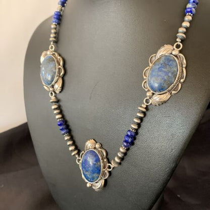 Navajo Pearls Necklace with 3 Stone Blue Denim Lapis Pendant | Sterling Silver | Native American Handmade | 10821