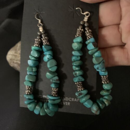 Navajo Turquoise Bead Nugget Earrings | Sterling Silver Pearls | 3" | Authentic Native American Handmade | 12890