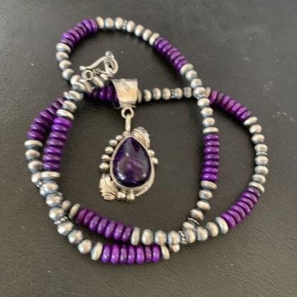 Navajo Pearls Purple Sugilite Necklace Pendant | Sterling Silver | Authentic Native American Handmade | 10720