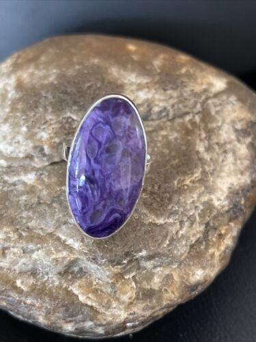 Womens Oval Navajo Sterling Silver Purple Charoite Ring Sz 8 Adjustable 10571