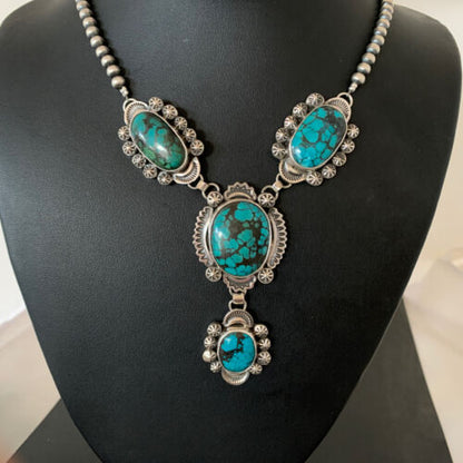 Navajo Lariat Spiderweb Turquoise Pendant Necklace | Sterling Silver | 25" | Authentic Native American Handmade | 01337