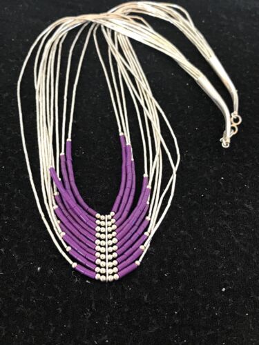 Native American Sugilite Heishi Tubes Necklace | 10 Strand Liquid Sterling Silver | 8558
