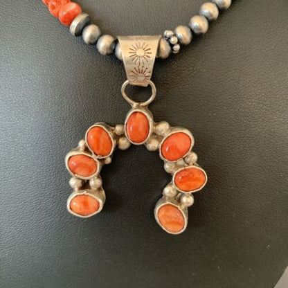 Navajo Red Spiny Oyster Naja Pendant Necklace | Sterling Silver | Authentic Native American Handmade | 1138