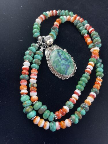 Men's Navajo Sterling Silver Necklace | Spiny Oyster & Turquoise | Moss Agate Pendant | Native American | 01625