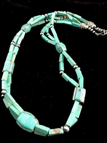 Navajo Blue Turquoise Sterling Silver Necklace | Inlay Pendant 24" | Native American Southwestern | 3360