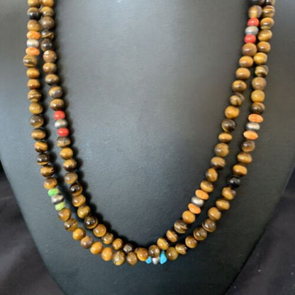 Navajo Tigers Eye Spiny Oyster Turquoise Necklace | Sterling Silver | 20" | Authentic Native American Handmade | 11834