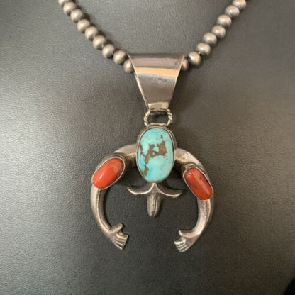 Navajo Pearl Necklace with Royston Turquoise & Coral Naja Pendant | Sterling Silver | 13645
