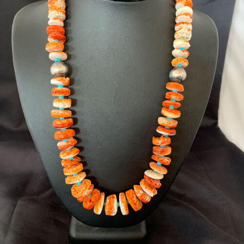 Navajo Orange Spiny Oyster & Turquoise Necklace | Sterling Silver | Authentic Native American | Graduated | 20" | 1504