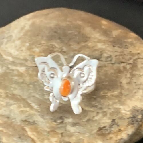 Navajo Orange Spiny Oyster Butterfly Ring | Sterling Silver | Sz Adj 8 | Authentic Native American Handmade | 10344