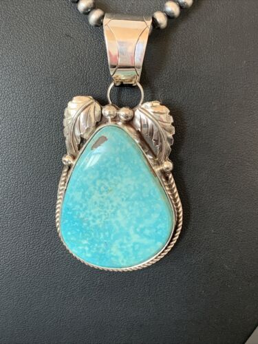 Blue Kingman Turquoise Pendant | Sterling Silver Navajo Pearls Men's Necklace 21" | 808