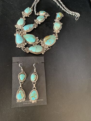 Navajo Sterling Silver Lariat Necklace 30" | Blue #8 Turquoise Earrings | Native American Handmade | 13770