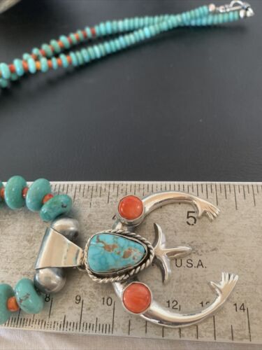 Navajo Pearls Sterling Silver Necklace | Blue Turquoise & Spiny Oyster Naja Pendant | Authentic Native American Handmade | 02059