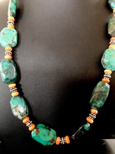 Navajo Green Turquoise Spiny Oyster Bead Necklace | Sterling Silver | Southwestern Handmade | 22" | 3221
