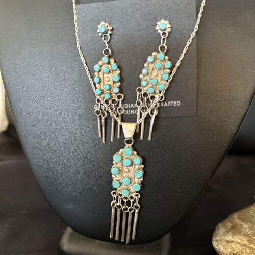 Native American Zuni Kingman Turquoise Necklace Pendant Earrings Set | Sterling Silver | 14487