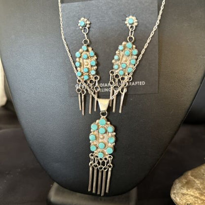 Native American Zuni Kingman Turquoise Necklace Pendant Earrings Set | Sterling Silver | 14487