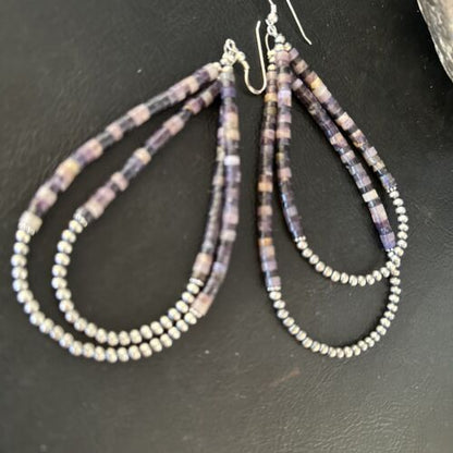 Native American Sugilite Heishi Bead Earrings | Sterling Silver | 4" | 14316