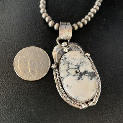 White Buffalo Turquoise Pendant Necklace | Sterling Silver | Navajo | Authentic Native American Handmade | 14052