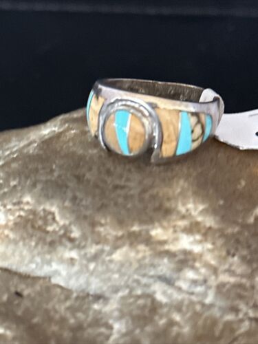 Navajo Picture Jasper Turquoise Inlay Ring | Sterling Silver | Sz 6 | Authentic Native American Handmade | 01706