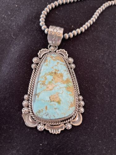 Navajo Royston Turquoise Pendant Necklace | Sterling Silver | Authentic Native American Handmade | 01365