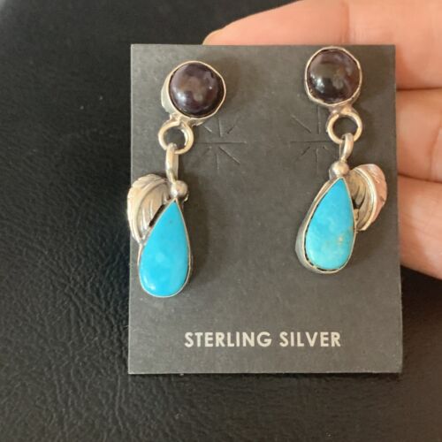 Navajo Purple Sugilite Blue Turquoise Dangle Leaf Earrings | Sterling Silver | Authentic Native American Handmade | 13452