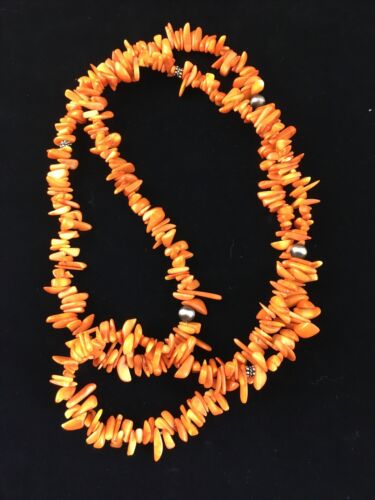 Navajo Orange Coral Necklace | Sterling Silver | 36" | Authentic Native American Handmade | 10044