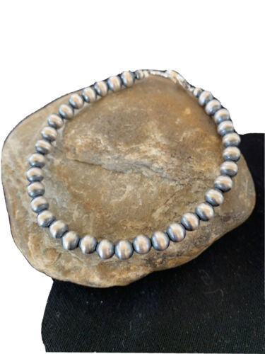 Native American Navajo Pearls 6mm Beads 7” Sterling Silver Bracelet 1405