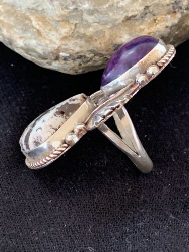 Navajo White Buffalo Turquoise & Sugilite Ring | Authentic Native American Sterling Silver | Multi-Stone | Sz 9.5 | 00310