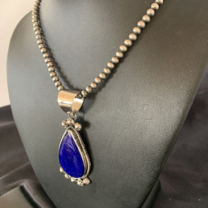 Native American Navajo Blue Lapis Pendant Necklace | Sterling Silver | Authentic Handmade | 11676 - Masha USA