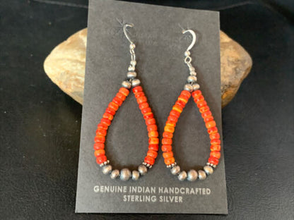 Navajo Red Spiny Oyster Hoop Earrings | Sterling Silver | Authentic Native American Handmade | 13499