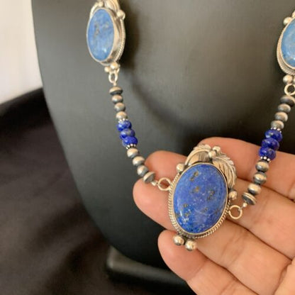 Navajo Pearls Necklace with 3 Stone Blue Denim Lapis Pendant | Sterling Silver | Native American Handmade | 10822