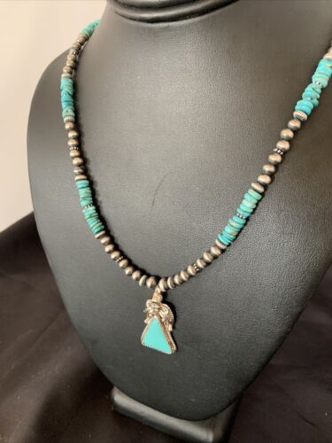 Navajo Pearls Sterling Silver Necklace with Blue Kingman Turquoise Pendant | Authentic Native American Handmade | 12496