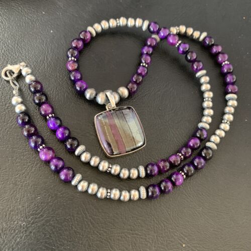 Women's Navajo Pearls Necklace with Purple Sugilite and Onyx Pendant | Sterling Silver | 13393