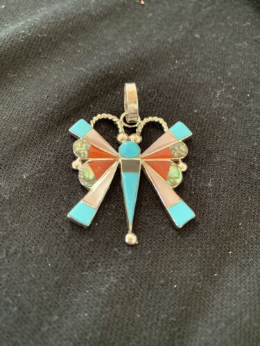 Zuni Turquoise Spiny Oyster Mother of Pearl Butterfly Necklace Inlay Pin Pendant | Sterling Silver | 1366