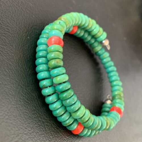 Navajo Coral Green Turquoise Bracelet | Stainless Steel Memory Wire | Authentic Native American Handmade | 13313