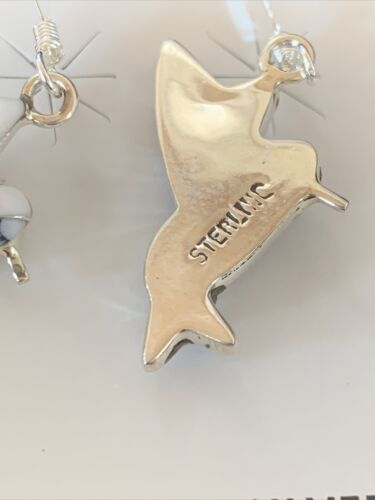 Navajo Sterling White Buffalo Turquoise Hummingbird Dangle Earrings | 1" | Authentic Native American Handmade | 12313