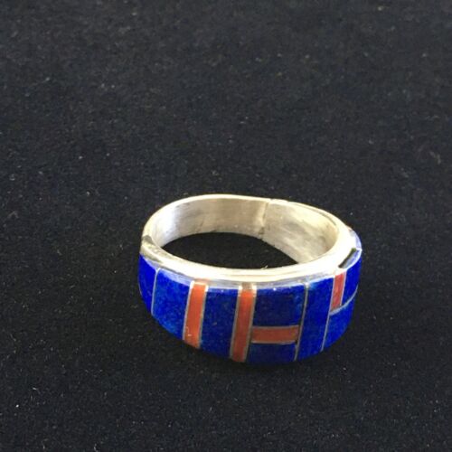 Navajo Multi-Stone Lapis Coral Inlay Ring | Sterling Silver | Sz 9.75 | Authentic Native American Handmade | 10102