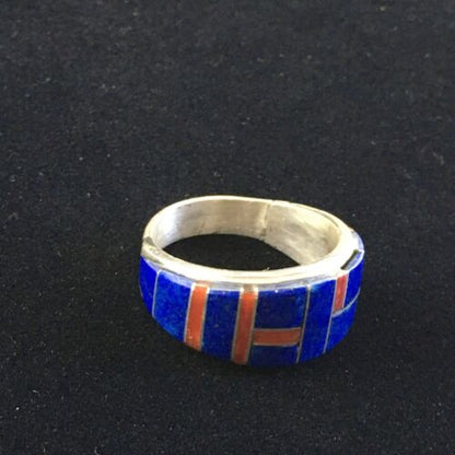 Navajo Multi-Stone Lapis Coral Inlay Ring | Sterling Silver | Sz 9.75 | Authentic Native American Handmade | 10102