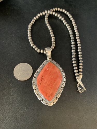 Navajo Red Spiny Oyster Pendant Necklace | Sterling Silver | Authentic Native American Handmade | 13788