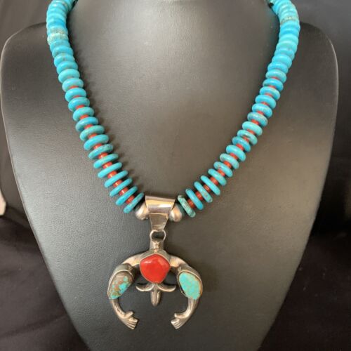 Navajo Sterling Silver Necklace with Blue Turquoise & Coral Naja Pendant | 13746