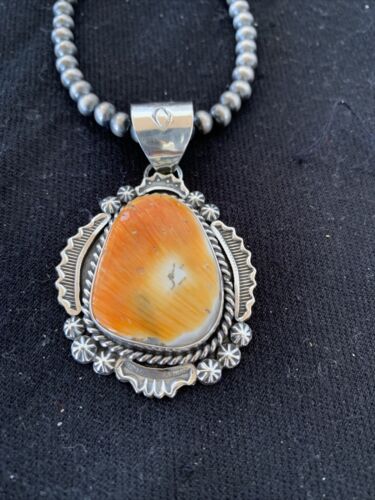 Navajo Orange Spiny Oyster Pendant Necklace | Sterling Silver Pearls | Authentic Native American Handmade | 00777