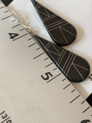 Navajo Black Onyx Inlay Dangle Drop Earrings | Sterling Silver | 1.5" | 12312 - Masha USA