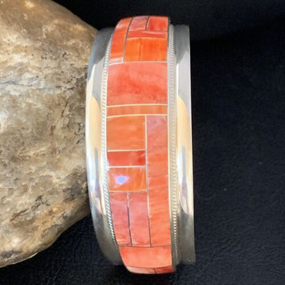 Navajo Red Spiny Oyster Cuff Inlay Bracelet | Sterling Silver | Authentic Native American Handmade | 13659