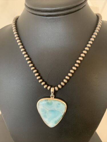 Navajo Blue Larimar Pendant Necklace | Sterling Silver Beads | Authentic Native American Handmade | 1764