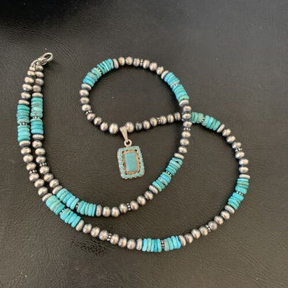 Navajo Blue Turquoise Cluster Pendant Necklace | Sterling Silver | 21" | Authentic Native American Handmade | 12578
