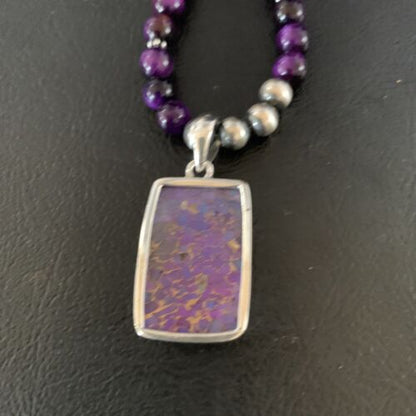 Navajo Pearl Purple Mojave Turquoise Onyx Pendant Necklace | Sterling Silver | Authentic Native American Handmade | 13404